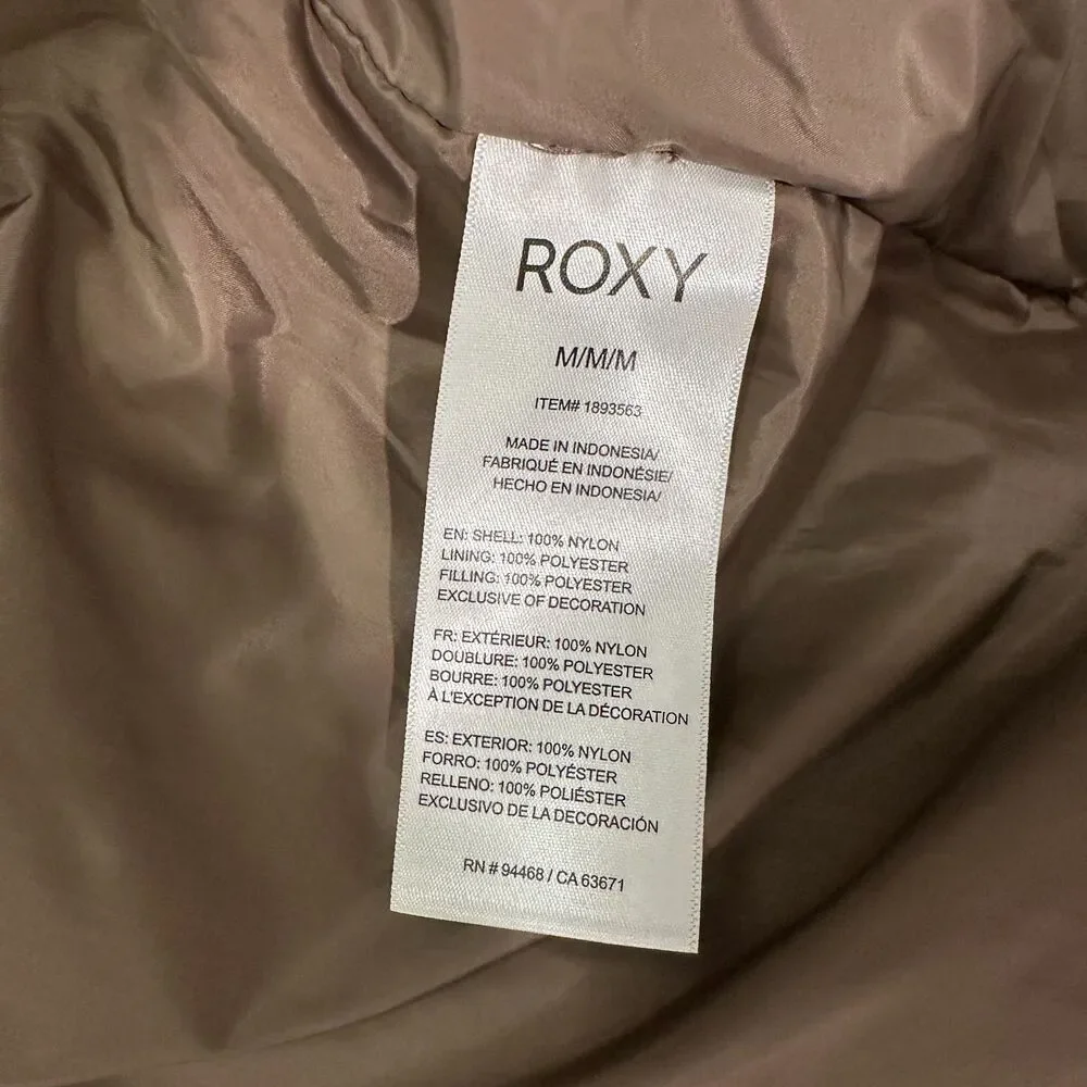 Roxy Quilted Puffer Jacket Brown Warm Mock Neck Full Zip Boxy Size Medium M
